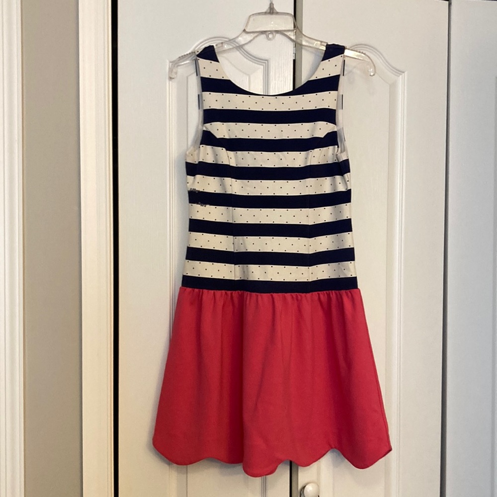 Lilly Pulitzer sleeveless dress. Blue and whit striped top with dots, pink skirt